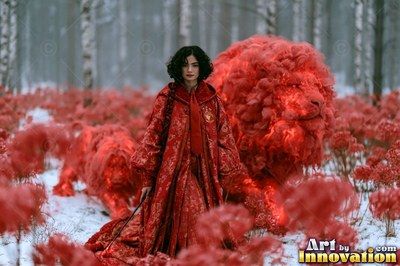 Sorceress on the red-stone battlements with her wand raised as a lion of lightning roars out of the storm clouds