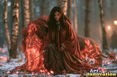 A young sorceress in scarlet and gold robes throws up a shield of light beneath the floating candles of the great hall