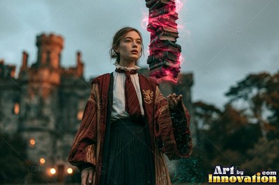 Young woman with a gold lion crest on her robe reading a glowing spell book beside the hearth of the tower common room