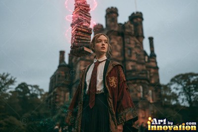 A young sorceress in scarlet and gold robes throws up a shield of light beneath the floating candles of the great hall