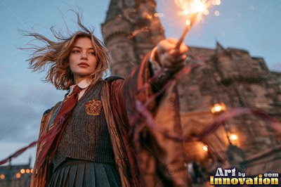 Young woman with a gold lion crest on her robe reading a glowing spell book beside the hearth of the tower common room