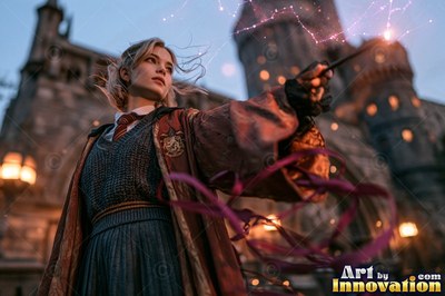 Sorceress on the red-stone battlements with her wand raised as a lion of lightning roars out of the storm clouds