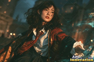 A young sorceress in scarlet and gold robes throws up a shield of light beneath the floating candles of the great hall