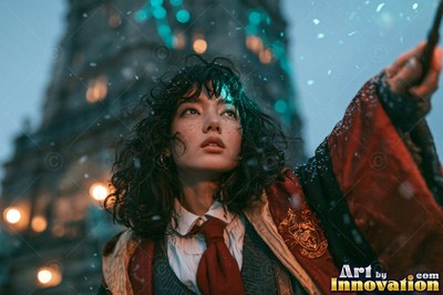 A young sorceress in scarlet and gold robes throws up a shield of light beneath the floating candles of the great hall