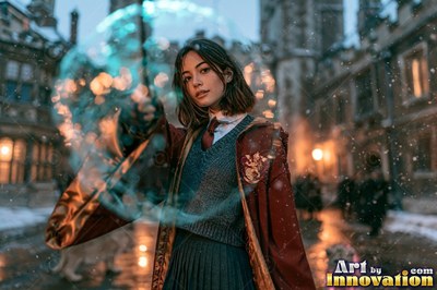 A young sorceress in scarlet and gold robes throws up a shield of light beneath the floating candles of the great hall