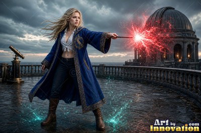 Sorceress on a windswept castle tower with her wand raised as a raven made of lightning spreads across the storm