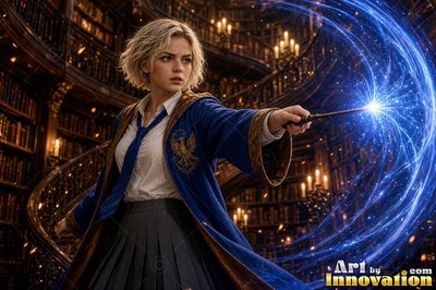 A young sorceress in royal blue and bronze robes casts a spell across an open-air observatory deck lined with brass telescopes