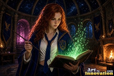 Acolyte of the House of the Ravens raising a shield of light between the towering shelves of a spiral library