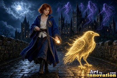 Young woman with a bronze raven crest on her robe guiding books and candles through a map room of brass globes