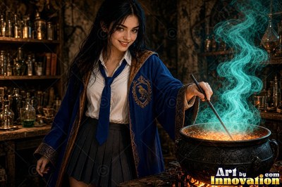 Sorceress on a windswept castle tower with her wand raised as a raven made of lightning spreads across the storm