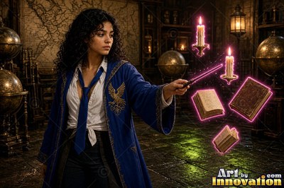 A young sorceress in royal blue and bronze robes casts a spell across an open-air observatory deck lined with brass telescopes