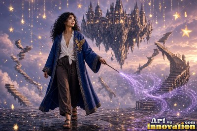 A young sorceress in royal blue and bronze robes casts a spell across an open-air observatory deck lined with brass telescopes
