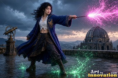 Acolyte of the House of the Ravens raising a shield of light between the towering shelves of a spiral library