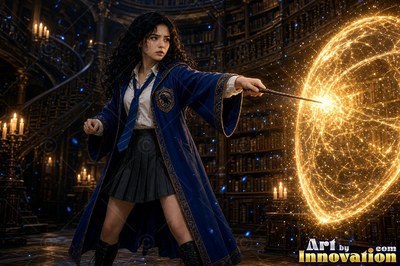 Young woman with a bronze raven crest on her robe guiding books and candles through a map room of brass globes