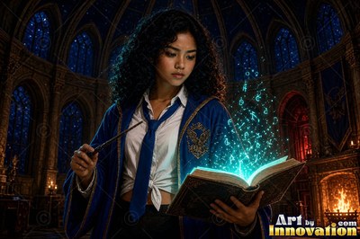 Sorceress on a windswept castle tower with her wand raised as a raven made of lightning spreads across the storm
