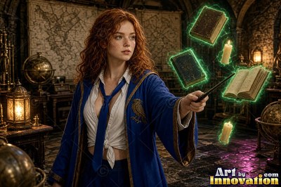 Young woman with a bronze raven crest on her robe guiding books and candles through a map room of brass globes
