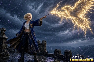Sorceress on a windswept castle tower with her wand raised as a raven made of lightning spreads across the storm