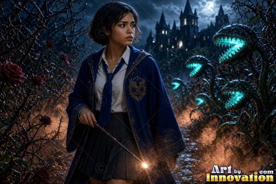 A young sorceress in royal blue and bronze robes casts a spell across an open-air observatory deck lined with brass telescopes