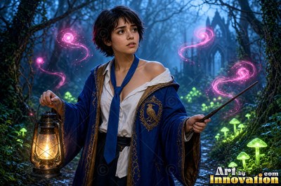 Acolyte of the House of the Ravens raising a shield of light between the towering shelves of a spiral library