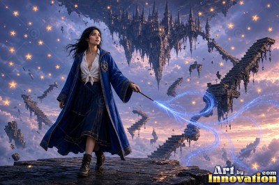 Young woman with a bronze raven crest on her robe guiding books and candles through a map room of brass globes