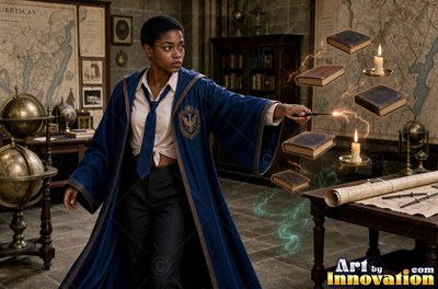 A young sorceress in royal blue and bronze robes casts a spell across an open-air observatory deck lined with brass telescopes