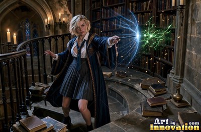 Young woman with a bronze raven crest on her robe guiding books and candles through a map room of brass globes