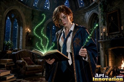 Sorceress on a windswept castle tower with her wand raised as a raven made of lightning spreads across the storm