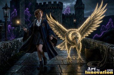 A young sorceress in royal blue and bronze robes casts a spell across an open-air observatory deck lined with brass telescopes