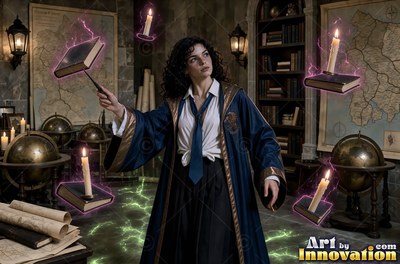 Young woman with a bronze raven crest on her robe guiding books and candles through a map room of brass globes