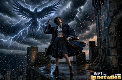 Sorceress on a windswept castle tower with her wand raised as a raven made of lightning spreads across the storm