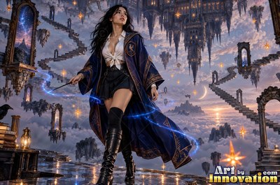 Sorceress on a windswept castle tower with her wand raised as a raven made of lightning spreads across the storm