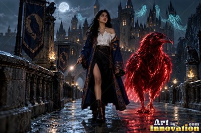 Acolyte of the House of the Ravens raising a shield of light between the towering shelves of a spiral library