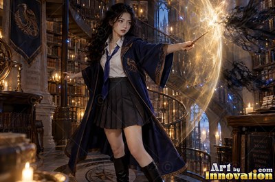 Sorceress on a windswept castle tower with her wand raised as a raven made of lightning spreads across the storm