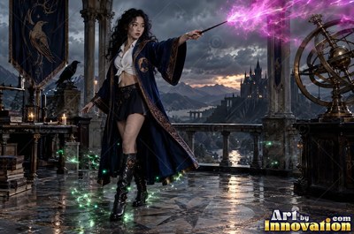 A young sorceress in royal blue and bronze robes casts a spell across an open-air observatory deck lined with brass telescopes