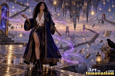 Acolyte of the House of the Ravens raising a shield of light between the towering shelves of a spiral library