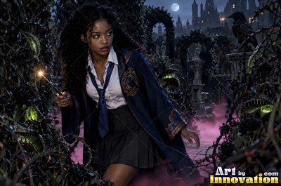 Sorceress on a windswept castle tower with her wand raised as a raven made of lightning spreads across the storm