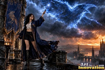 Acolyte of the House of the Ravens raising a shield of light between the towering shelves of a spiral library