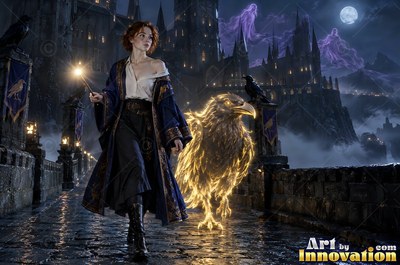 Young woman with a bronze raven crest on her robe guiding books and candles through a map room of brass globes