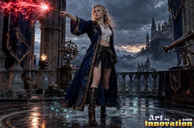 A young sorceress in royal blue and bronze robes casts a spell across an open-air observatory deck lined with brass telescopes