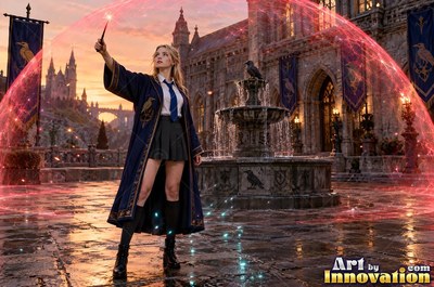 Acolyte of the House of the Ravens raising a shield of light between the towering shelves of a spiral library
