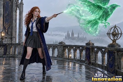 Sorceress on a windswept castle tower with her wand raised as a raven made of lightning spreads across the storm