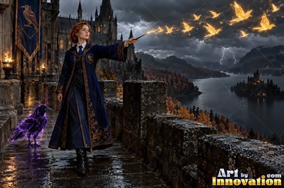 A young sorceress in royal blue and bronze robes casts a spell across an open-air observatory deck lined with brass telescopes