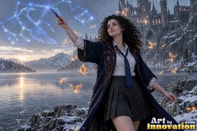 Sorceress on a windswept castle tower with her wand raised as a raven made of lightning spreads across the storm