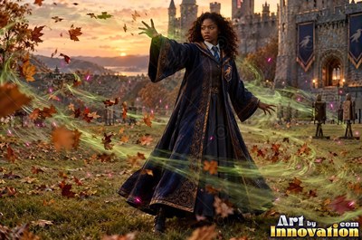 A young sorceress in royal blue and bronze robes casts a spell across an open-air observatory deck lined with brass telescopes
