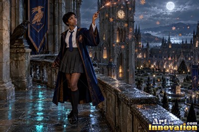 Acolyte of the House of the Ravens raising a shield of light between the towering shelves of a spiral library