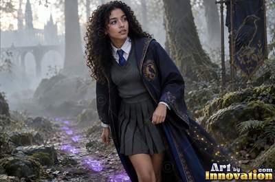 Young woman with a bronze raven crest on her robe guiding books and candles through a map room of brass globes