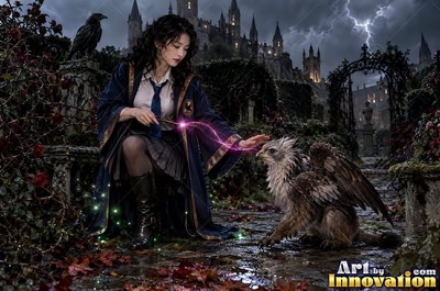Sorceress on a windswept castle tower with her wand raised as a raven made of lightning spreads across the storm