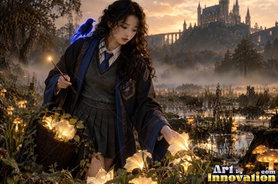 A young sorceress in royal blue and bronze robes casts a spell across an open-air observatory deck lined with brass telescopes
