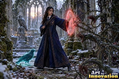 Young woman with a bronze raven crest on her robe guiding books and candles through a map room of brass globes