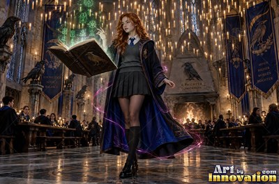A young sorceress in royal blue and bronze robes casts a spell across an open-air observatory deck lined with brass telescopes